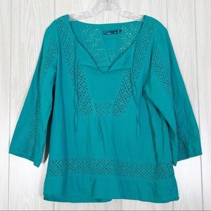 Prana | Sofie Teal Cotton Eyelet Blouse Size Medium